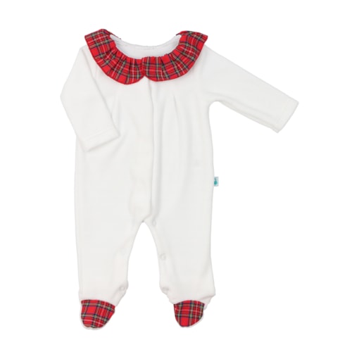 Babygrow branco em tecido laminado para bebé com gola e pés em padrão xadrez e molas de pressão à toda frente e no entre-pernas.