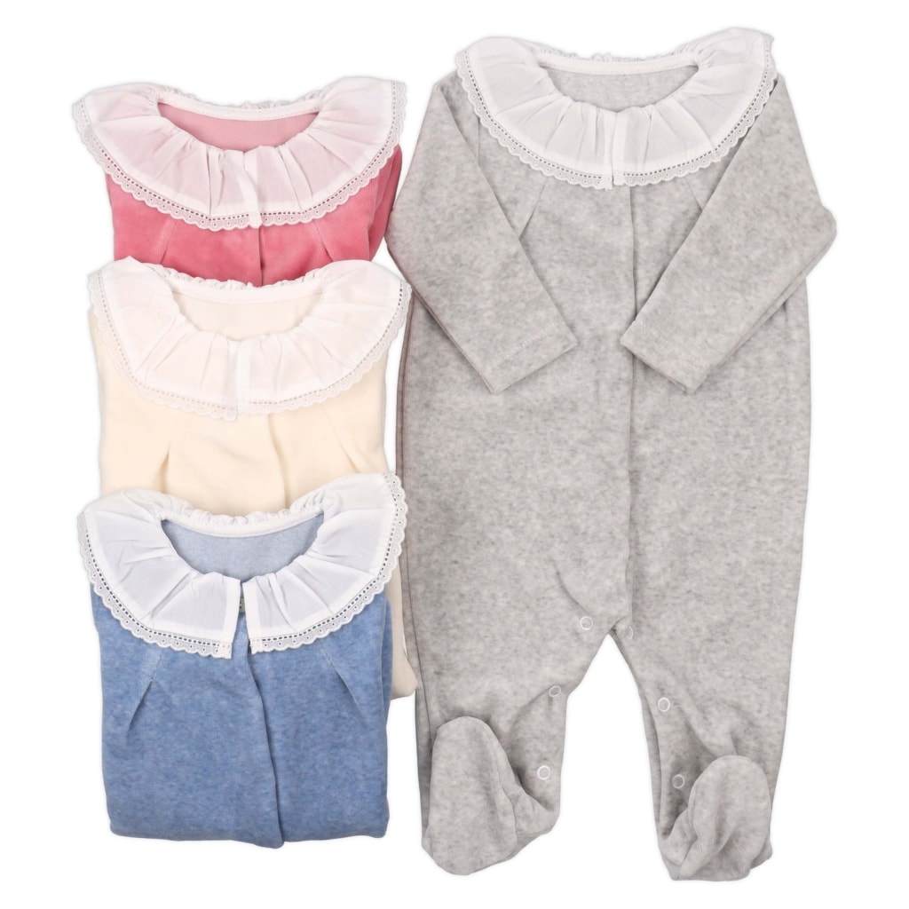 Babygrows pijamas de inverno para bebé em rosa, azul, cinzento e pérola.