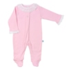 Babygrow de bebé rosa liso com a gola e as mangas em tecido com renda branco.