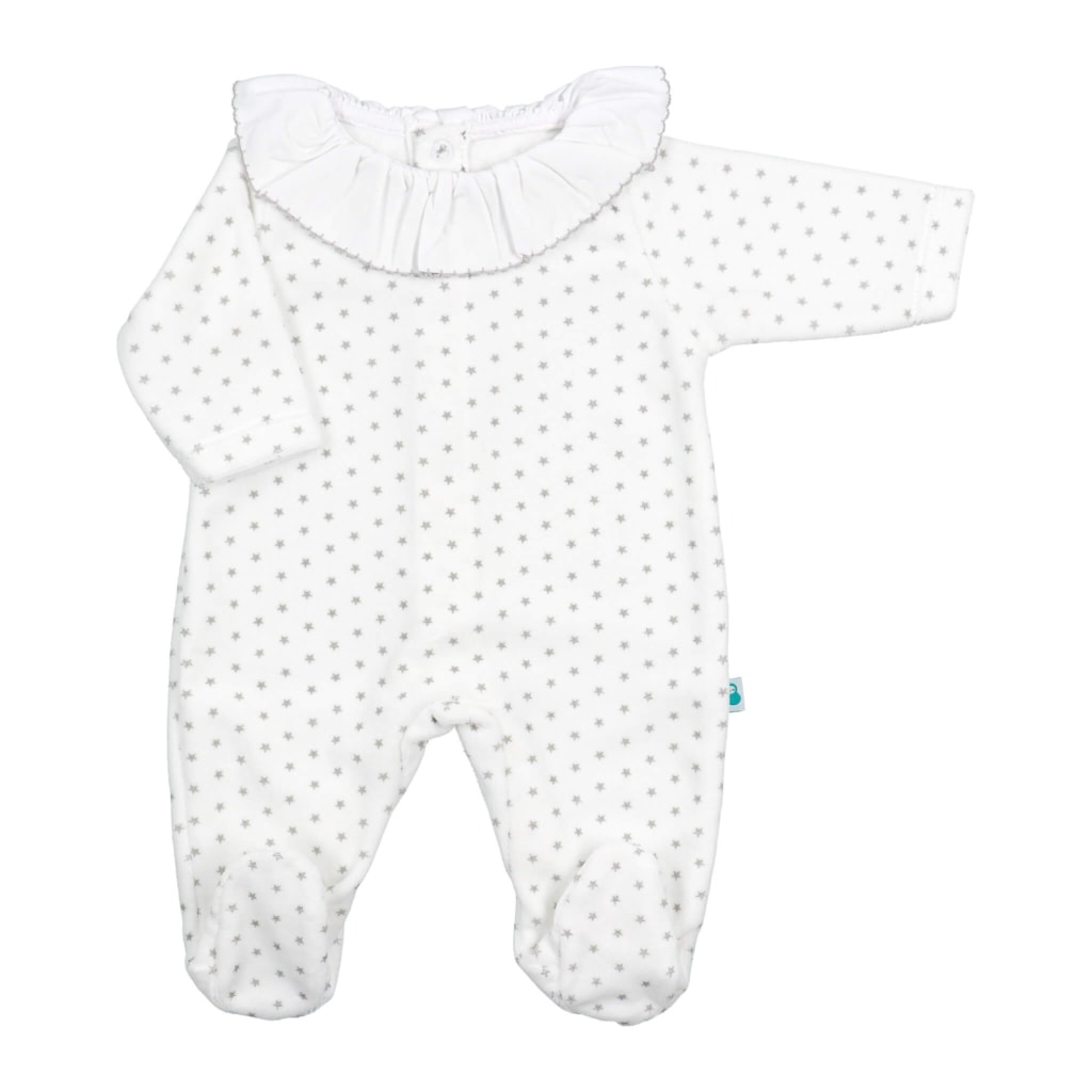 Babygrow de bebé em tecido laminado branco com gola em tecido.