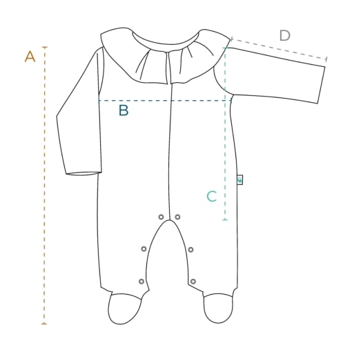 Desenho técnico de babygrow de gola de folho, com marcações para guia de tamanhos.