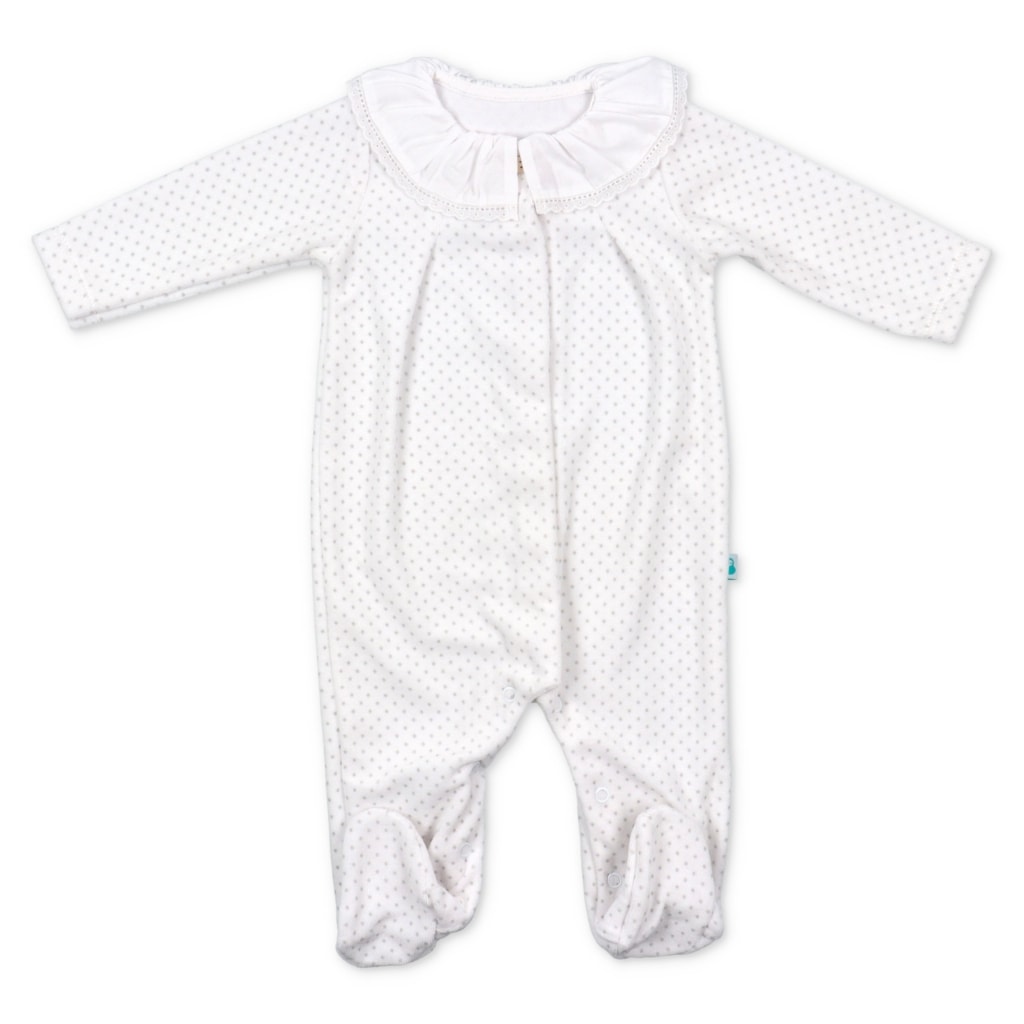 Babygrow para bebé em tecido polar branco com pintas cinzentas e gola em tecido.
