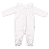 Babygrow para bebé em tecido polar branco com pintas rosa claro e gola em tecido.