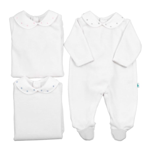 Babygrows de bebé em piquet de cor azul, rosa e cinzento.
