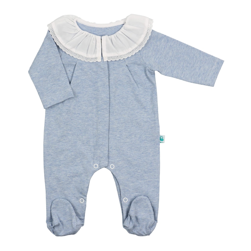 Babygrow de bebé em algodão de cor azul com gola em tecido.