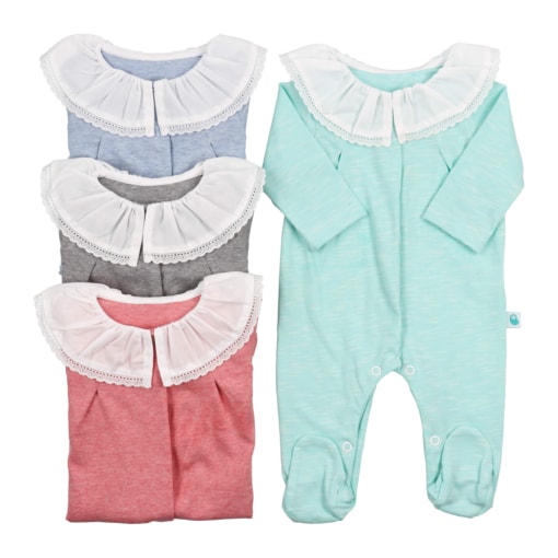 Babygrows de bebé em algodão com gola em tecido.