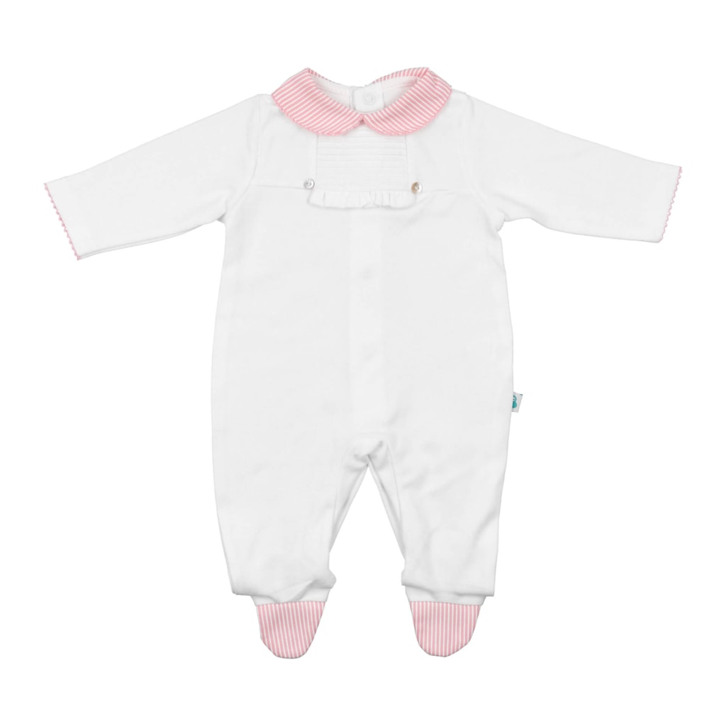 Babygrow de bebé branco com a gola em rosa claro.