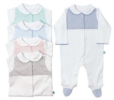 Conjunto de cinco babygrows para bebés brancos, com gola, encaixe no peito e os pés em tecido às riscas com relevo de várias cores, um azul claro, outro azul marinho, um rosa, um cinzento e um em verde claro.