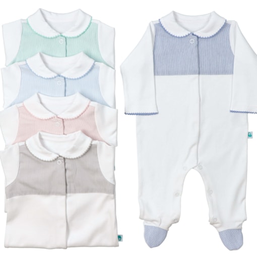 Conjunto de cinco babygrows para bebés brancos, com gola, encaixe no peito e os pés em tecido às riscas com relevo de várias cores, um azul claro, outro azul marinho, um rosa, um cinzento e um em verde claro.