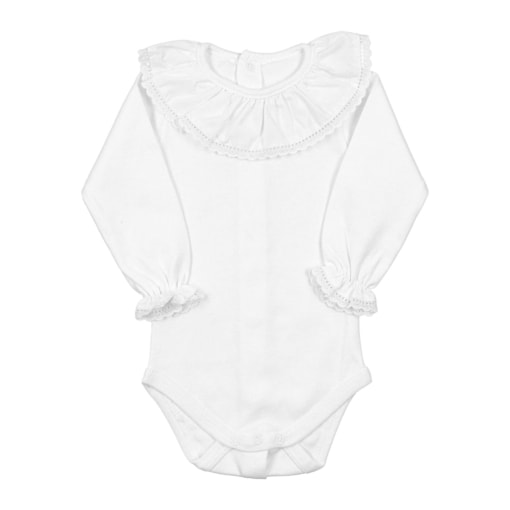 Body de bebé branco com gola em tecido com bordado inglês.