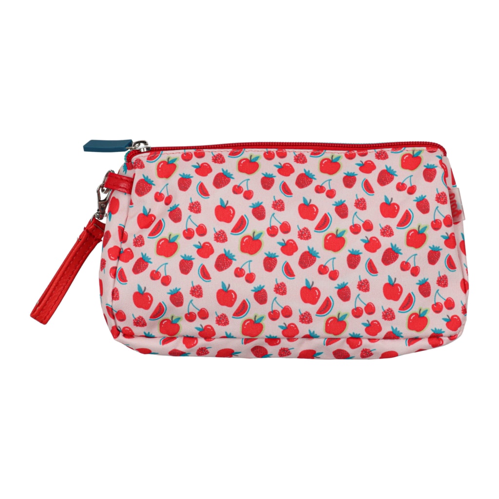 Bolsa de criança com um padrão de frutos vermelhos.