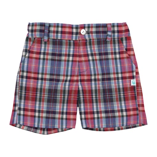 Calções de bebé feitos em tecido de xadrez com tons de azul e vermelho. Aperta com um botão de madrepérola, tem um elástico interior para ajuste da cintura e tem forro interior. Tem presilhas e bolsos.