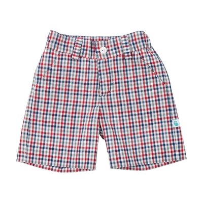 Calções para bebé e criança com padrão quadriculado azul, cinzento, vermelho e branco. Destaques de texto salientam algumas características: 100% algodão; forro interior; presilhas; bolsos dos lados; fecho de correr.