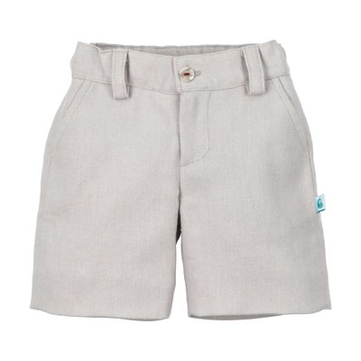 Calções para bebé e criança com padrão espiga bege acinzentado. Destaques de texto salientam algumas características: forro interior; presilhas e bolsos dos lados; fecho de correr; elástico interior.