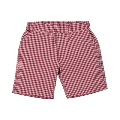Calções para bebé em tecido de micro-vichy bordeaux, com elástico na cintura. Tem um bolso em cada lateral.