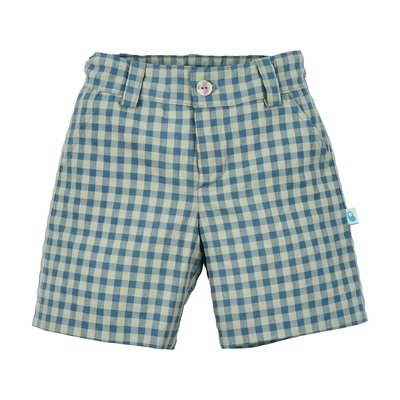 Calções para bebé e criança em xadrez vichy verde e azul. Destaques de texto salientam algumas características: tecido seersucker; forro interior; elástico atrás; presilhas para o cinto; elásticos por dentro; bolsos; fecho de correr.