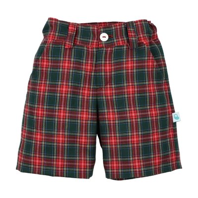 Calções para bebé e criança com padrão xadrez verde escuro e vermelho. Destaques de texto salientam algumas características: 100% algodão; forro interior; presilhas e bolsos do lado; fecho de correr; elástico interior.