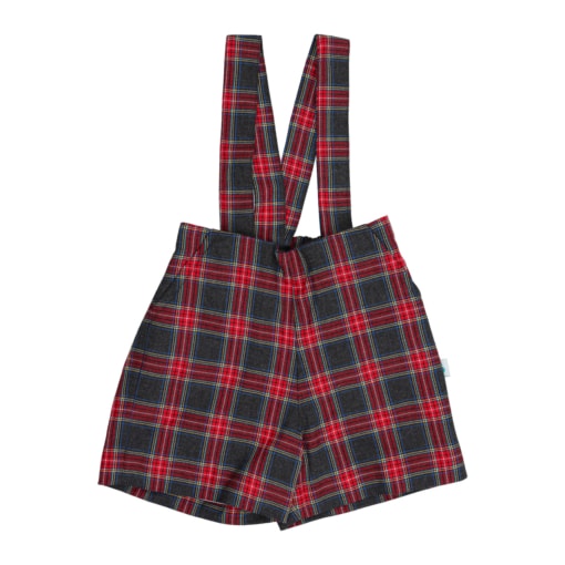 Calções para bebé com alças feitos em tecido de xadrez vermelho e preto 100% algodão. Os calções têm bolsos à frente e forro interior.