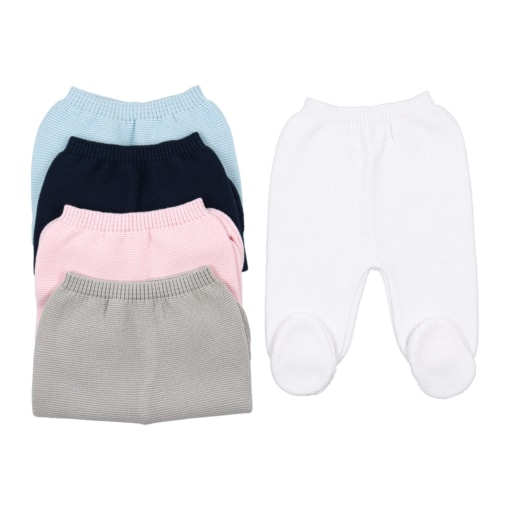 Calças de malha para bebé em azul marinho, azul claro, cinzento, rosa claro e branco.