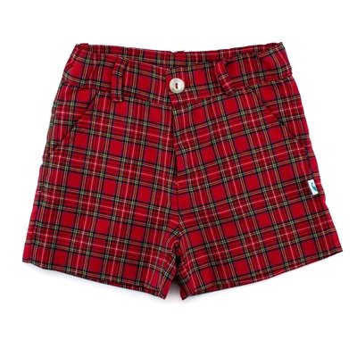 Calções de bebé em tecido xadrez vermelho.