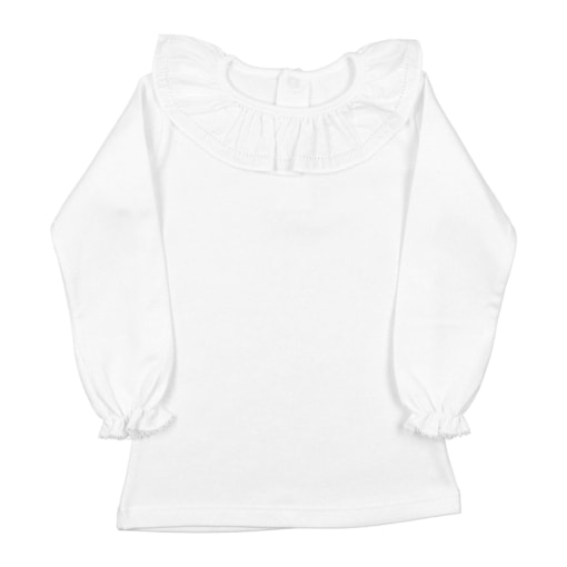 Camisola e camisa de bebé com gola em bainha aberta e manga comprida. Branca, feita em algodão.