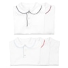 Quatro camisolas de bebé brancas com as golas em diferentes cores, vermelho, bordeaux, azul marinho, azul claro e branco.