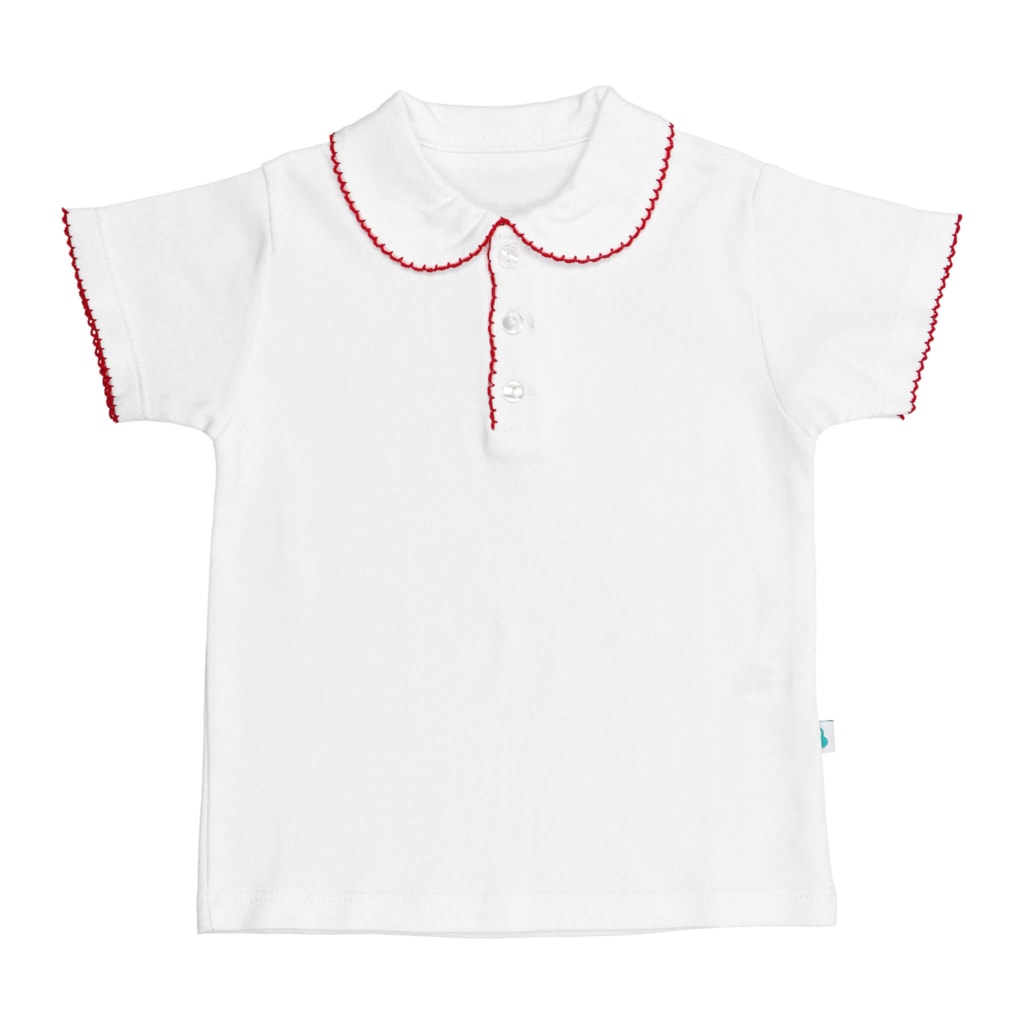 Camisola de Gola para bebé branca com manga curta. Tem a gola e os punhos com um apontamento de vermelho.