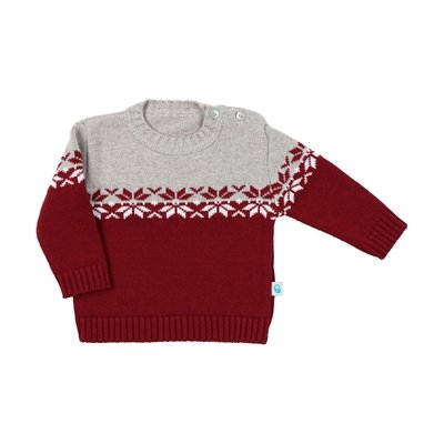 Camisola para bebé em malha tricotada com detalhe jacquard em tons de bordeaux, cinzento e branco. Aperta com dois botões no ombro.