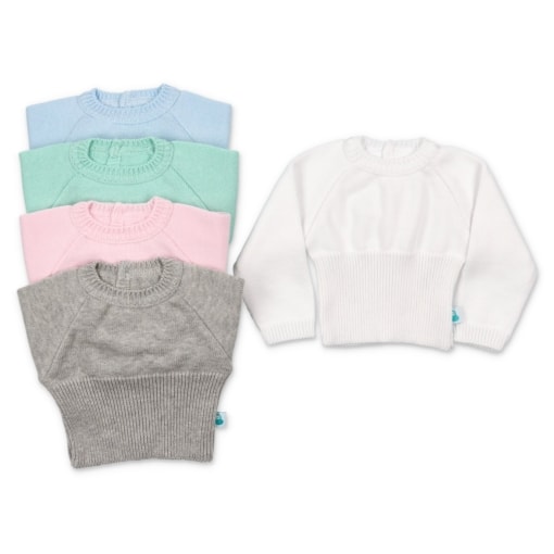 Camisolas de malha para recém-nascido em cinco cores, branco, cinzento, rosa claro, azul claro e verde água.