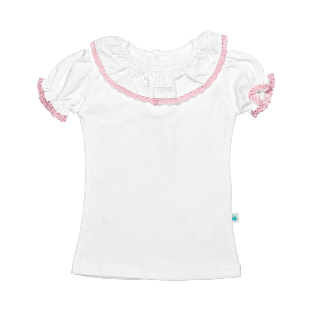 Camisola de bebé com manga curta e gola em renda Rosa.