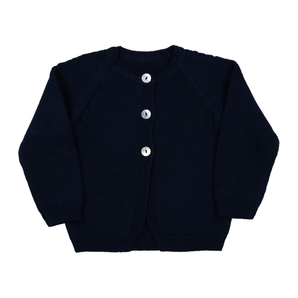 Vista de Frente de um casaco azul marinho para bebé, em malha 100% algodão.