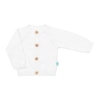 Frente de casaco de malha de bebé 100% algodão de cor branca com botões de madeira.