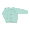 Frente de casaco de malha de bebé 100% algodão de cor verde água com botões de madeira.