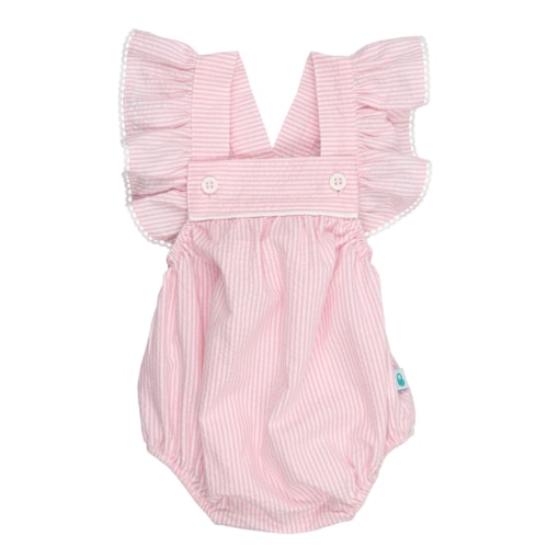 Fofo de bebé com folhos feito em tecido de algodão às riscas rosa e branco.