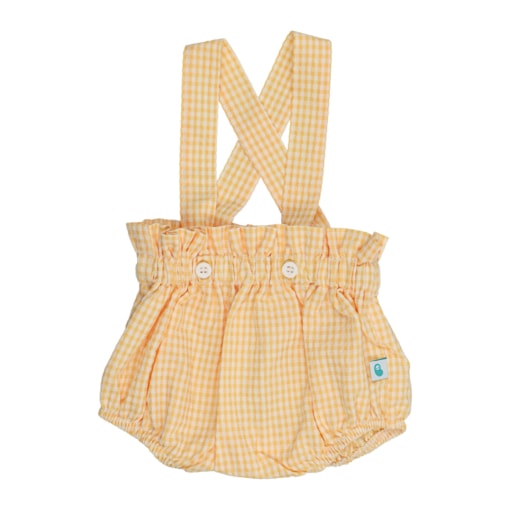 Fofo de bebé dos estilo calções com alças feito em tecido de algodão aos quadrados amarelos.