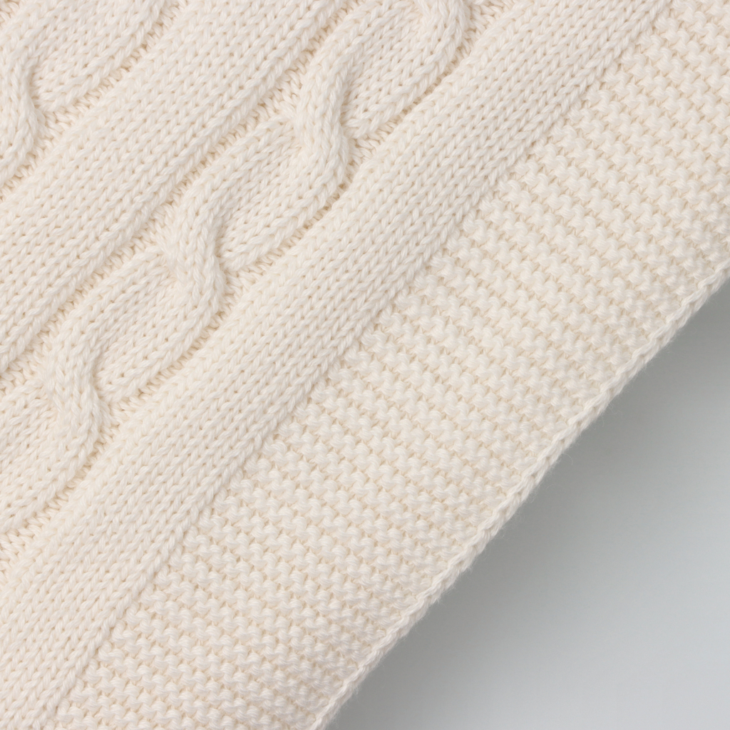 Pormenor do tecido em mala de algodão de uma manta para bebé pérola com padrão de tranças.