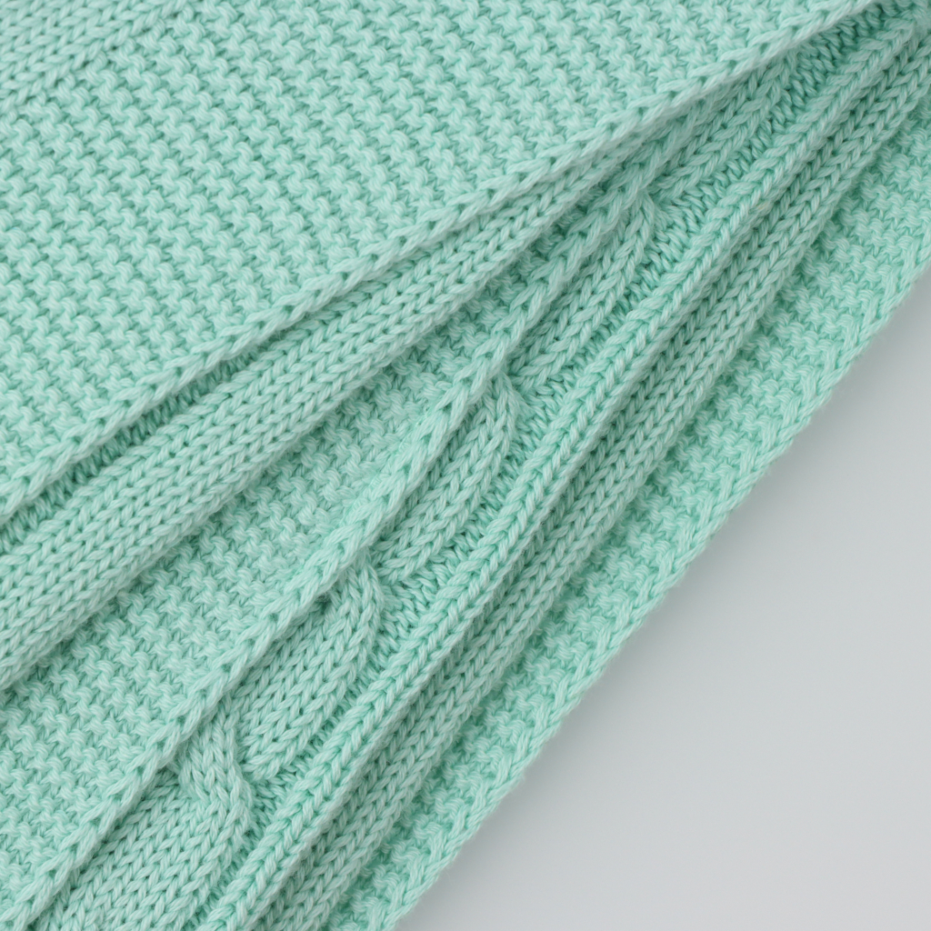 Pormenor do tecido em mala de algodão de uma manta para bebé verde com padrão de tranças.
