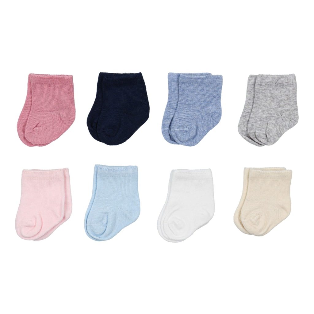 Conjunto de oito meias para recém nascido em rosa claro, rosa velho., azul claro, azul inglês, azul marinho, branco, pérola e cinzento.