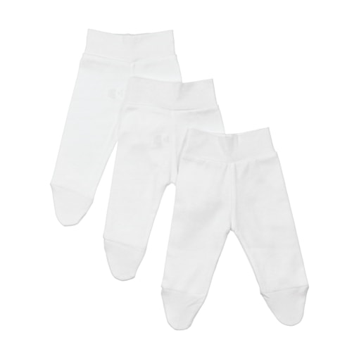 Conjunto de três calças interiores cardadas ou sem cardas na cor branco, com pé integrado. Têm cós com barra de canelado e elástico suave.