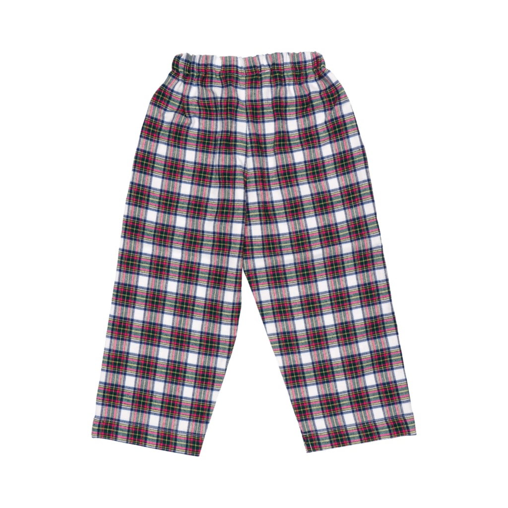 Vista de costas de umas calças de um pijama para bebé de duas peças, camisa e calças, feito em tecido de flanela. As calças têm elástico na cintura.
