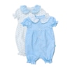 Dois Pijamas macacão para bebé de cor azul e branca.