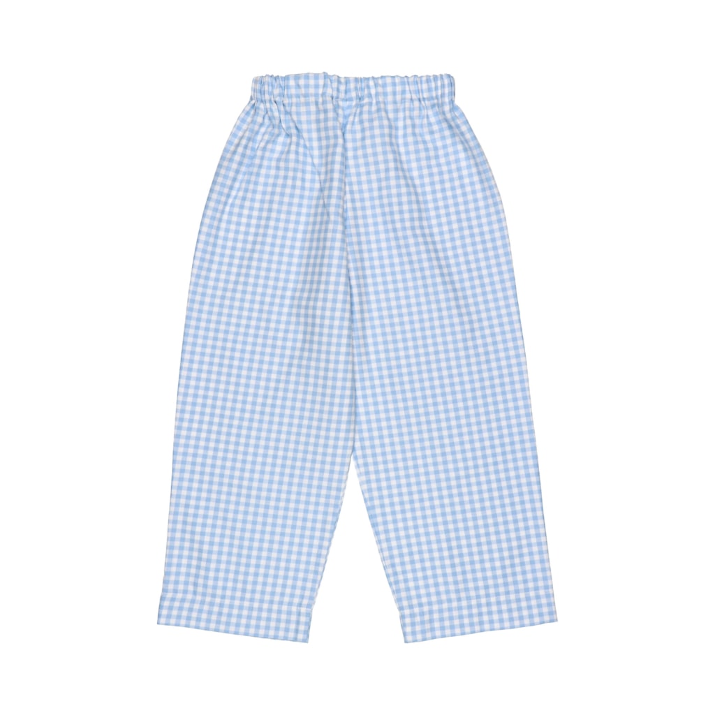 Vista de trás de umas calças de um pijama para bebé feitas em vaiela 100% algodão com padrão de xadrez em azul. Têm elástico na cintura.