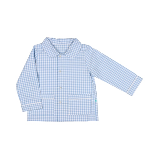 Camisa de gola redonda de pijama para bebé em vaiela 100% algodão com padrão de xadrez em azul. Tem dois bolsos e aperta na frente com botões até abaixo.