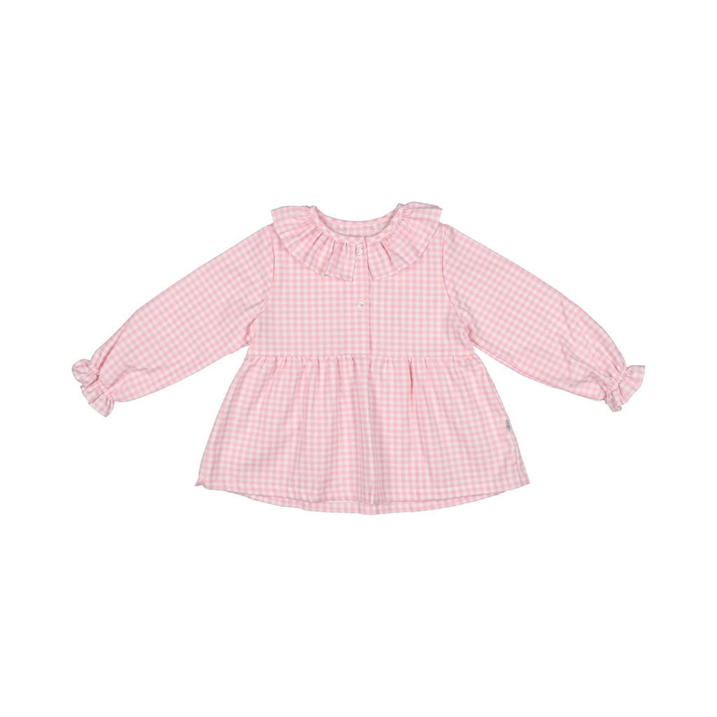 Camisa de pijama para bebé com manga comprida, gola redonda franzida e elástico nas mangas. É feita em tecido aos quadrados rosa e brancos de algodão.