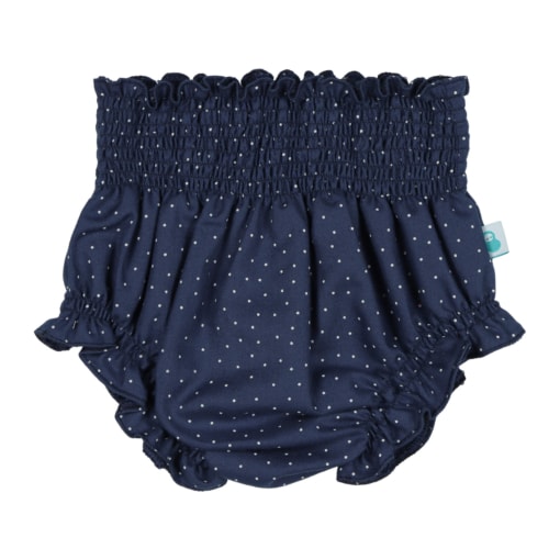 Tapa Fraldas para bebé em tecido de algodão azul marinho com pintas brancas. Elástico muito confortável na cintura e nas pernas.