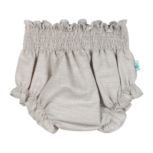 Tapa Fraldas para bebé em tecido de algodão na cor bege. Elástico muito confortável na cintura e nas pernas.