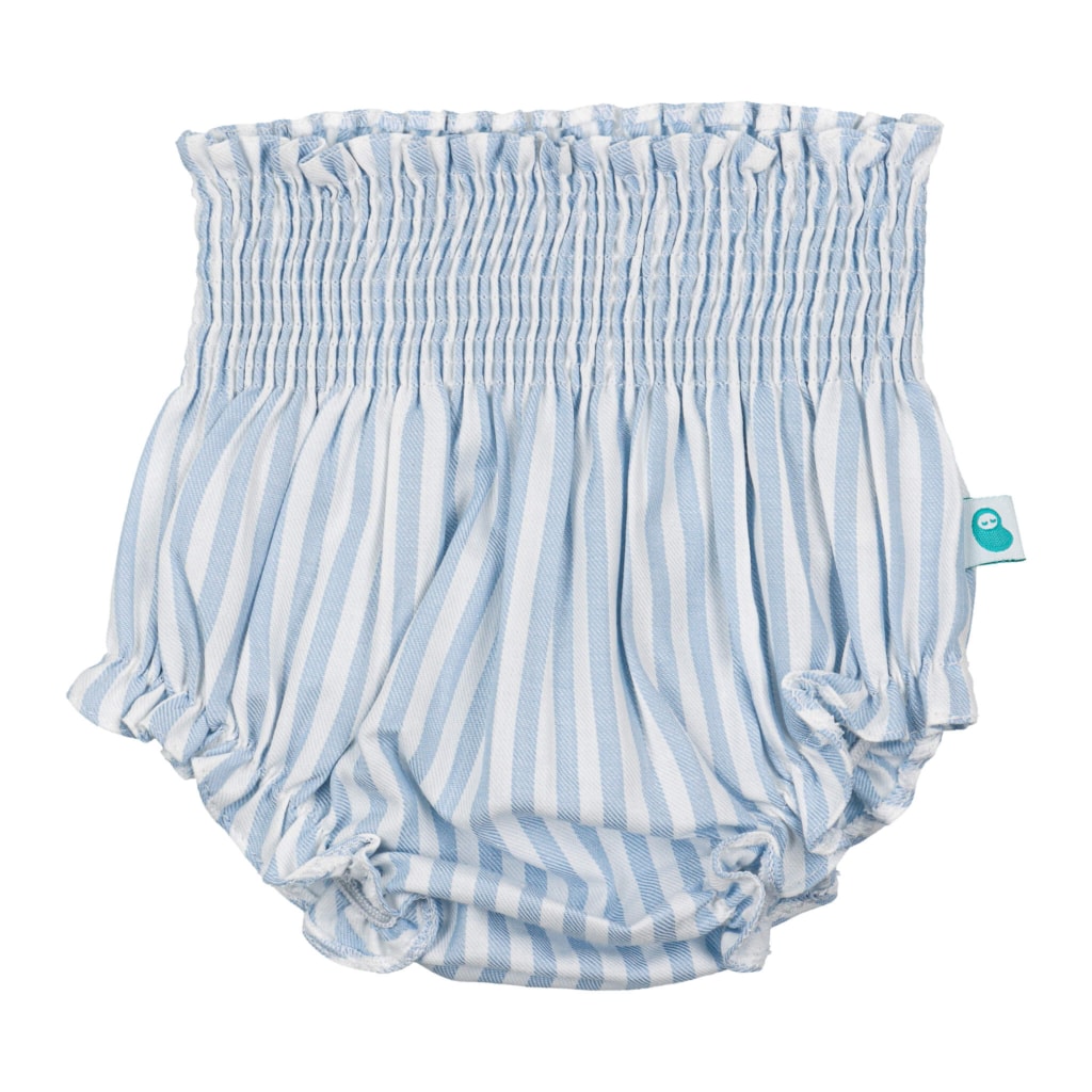 Frente de tapa fraldas de bebé às riscas verticais com elástico na cintura de cor azul claro.