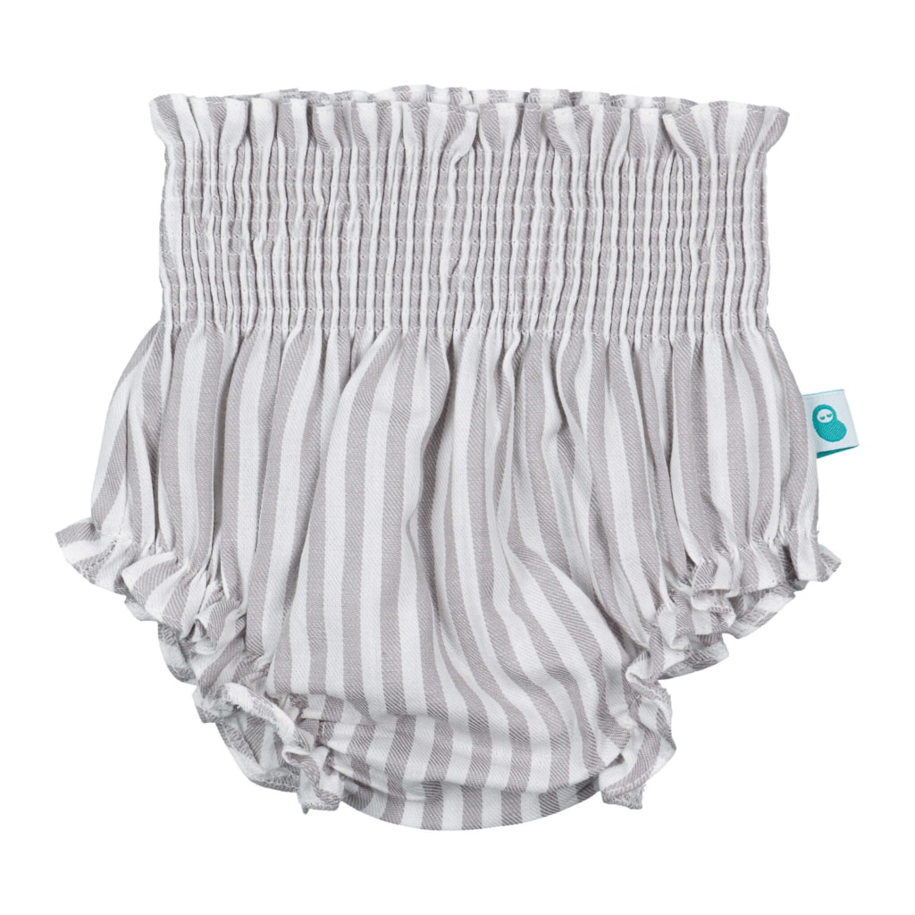 Frente de tapa fraldas de bebé às riscas verticais com elástico na cintura de cor cinzenta.