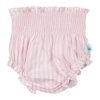 Frente de tapa fraldas de bebé às riscas verticais com elástico na cintura de cor rosa claro.