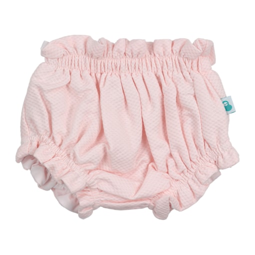 Tapa fraldas do tipo calções de bebé feito em tecido piquet rosa com um elástico na cintura e nas pernas.